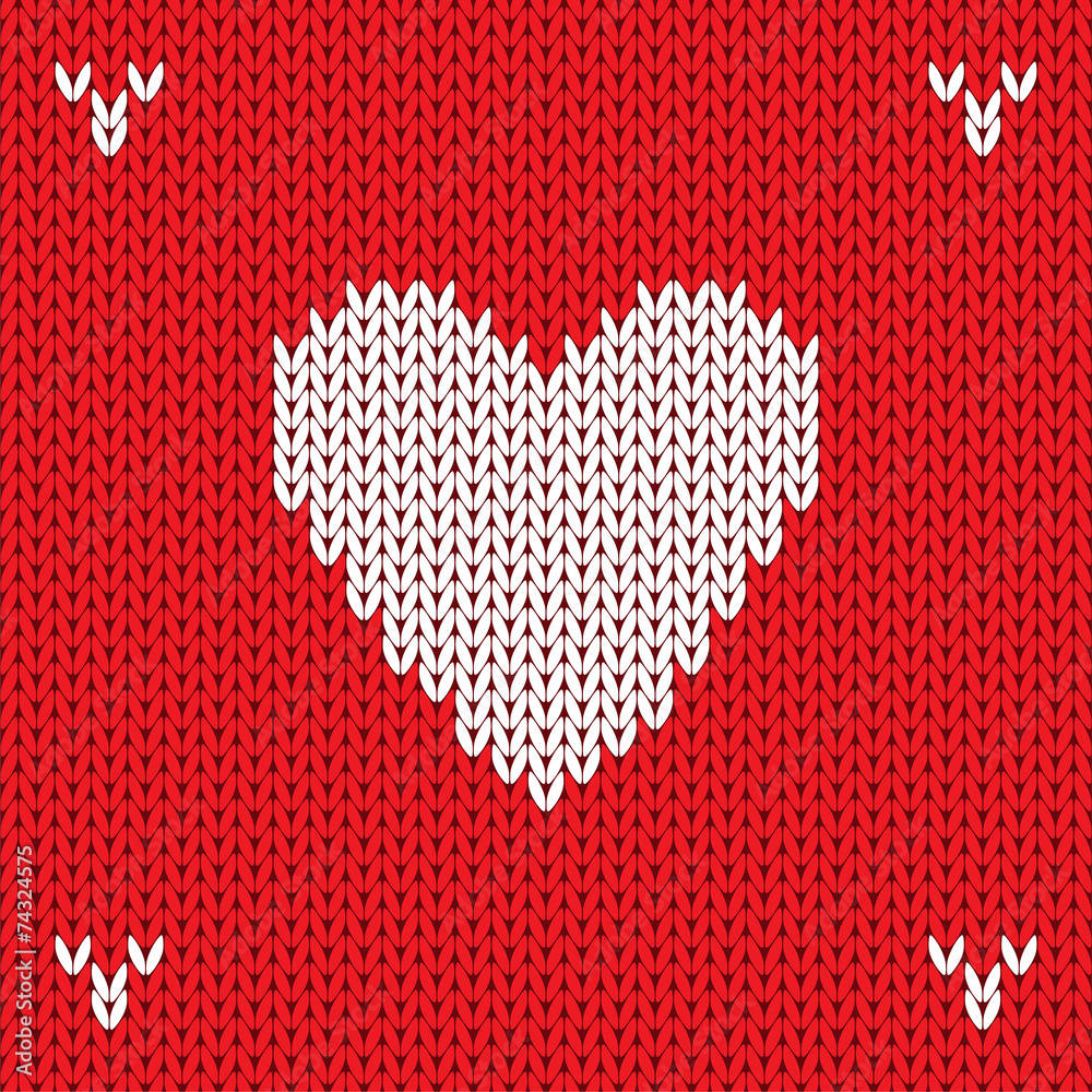 Christmas Knitted background with heart. Vector - obrazy, fototapety, plakaty 
