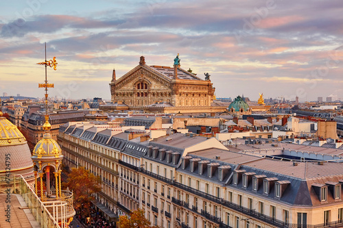 Parisian skyline with Opera Garnier at sunset