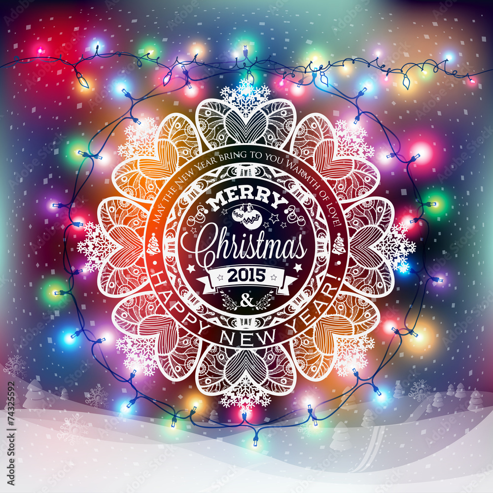 Fototapeta premium Christmas and New year label with colored lights