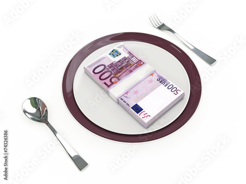 Business concept - Plate, cutlery and euro banknotes