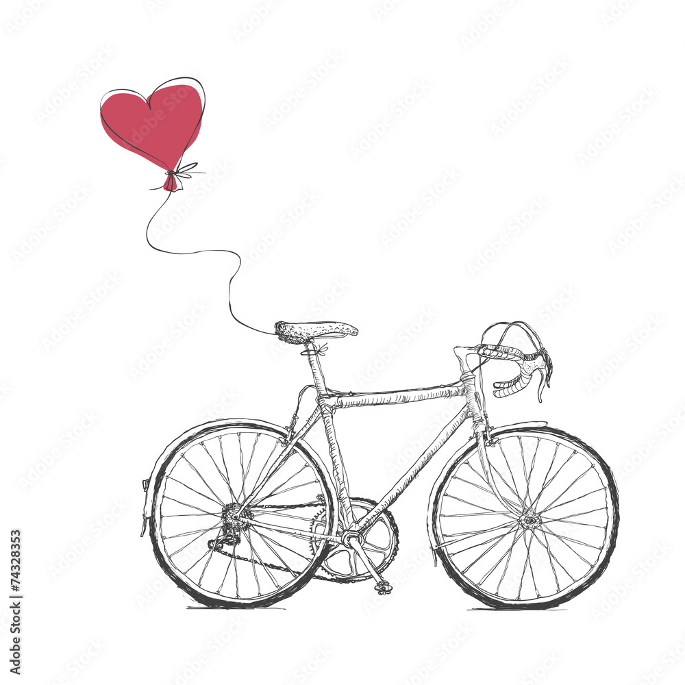 Obraz premium Rocznik walentynek ilustracja z bicyklem i serce Baloon