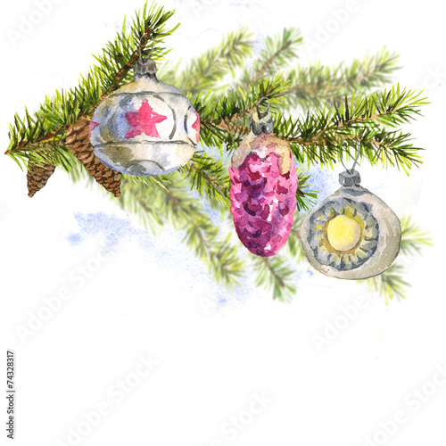 Christmas Watercolor Card with Sprig of Fir Trees