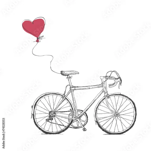 Naklejka na ścianę Rocznik walentynek ilustracja z bicyklu i serca balonem