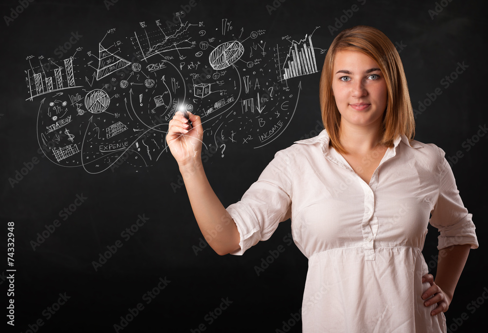 Pretty girl sketching graphs and diagrams on wall Pretty girl sketching graphs and diagrams on wall