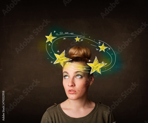 girl with yellow stars circleing around her head illustration