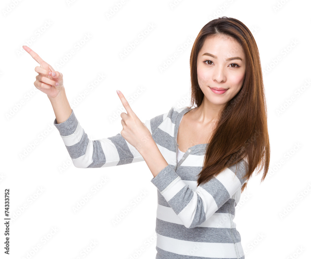 Woman with two finegr point up Woman with two finegr point up