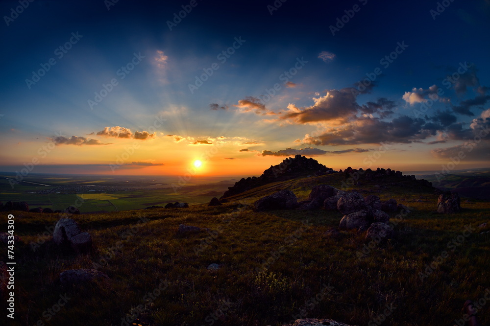 landscape at sunset in spring