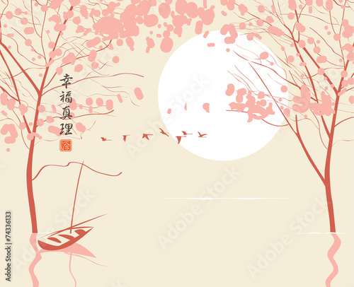 Chinese landscape with a blossoming tree on the lake with boats