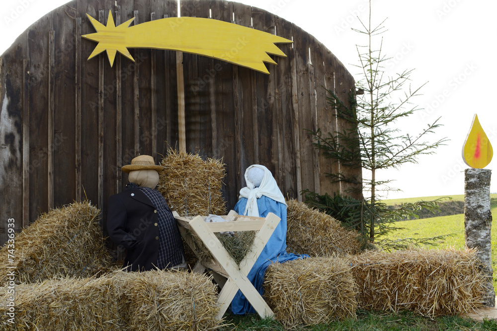 lebensgrosse Weihnachtskrippe Stock-Foto  Adobe Stock