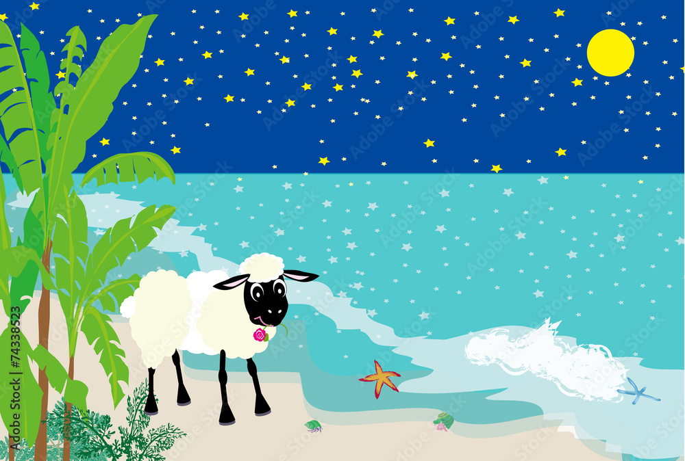 Obraz premium 羊と南国のビーチと夜空