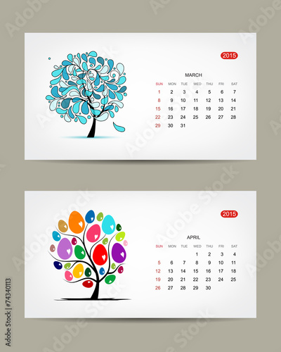 Vector calendar 2015, march and april months. Art tree design
