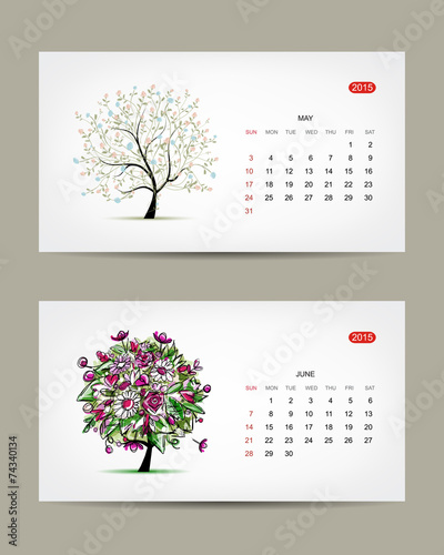 Vector calendar 2015, may and june months. Art tree design