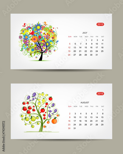 Calendar 2015, july and august months. Art tree design