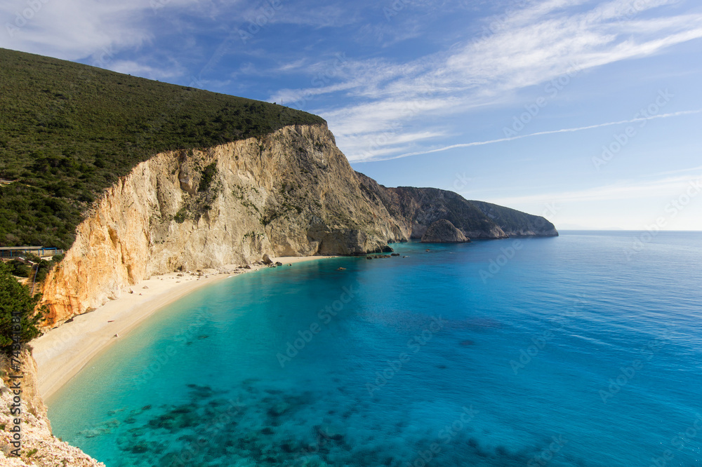 beach with blue water and cliffs