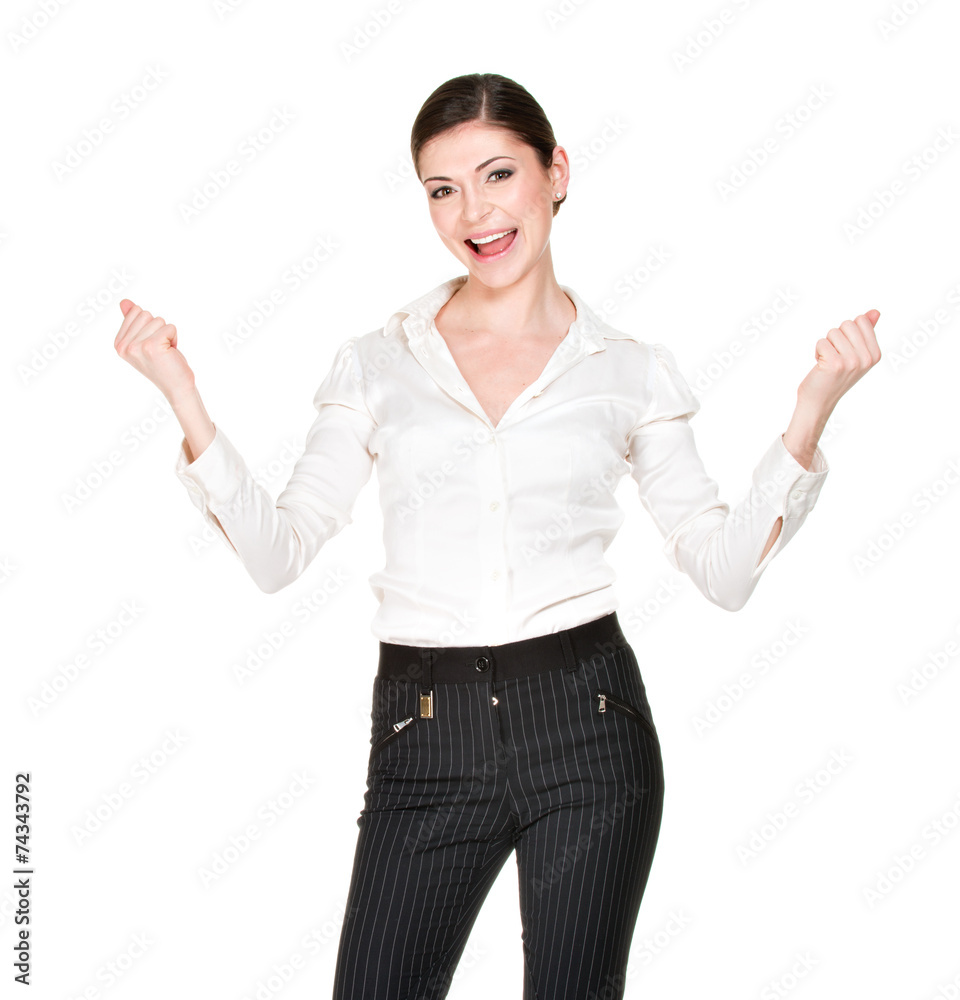 Happy woman with raised hands up in white shirt Happy woman with raised hands up in white shirt