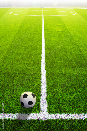 Soccer grass field with marking and ball  Sport