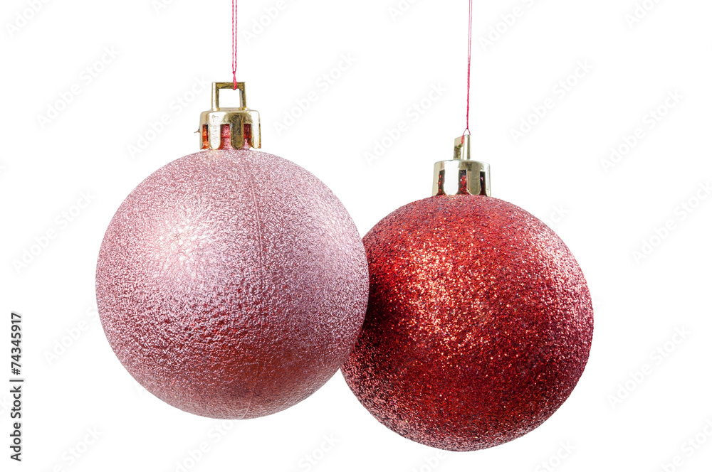 Hanging red and pink christmas baubles Hanging red and pink christmas baubles