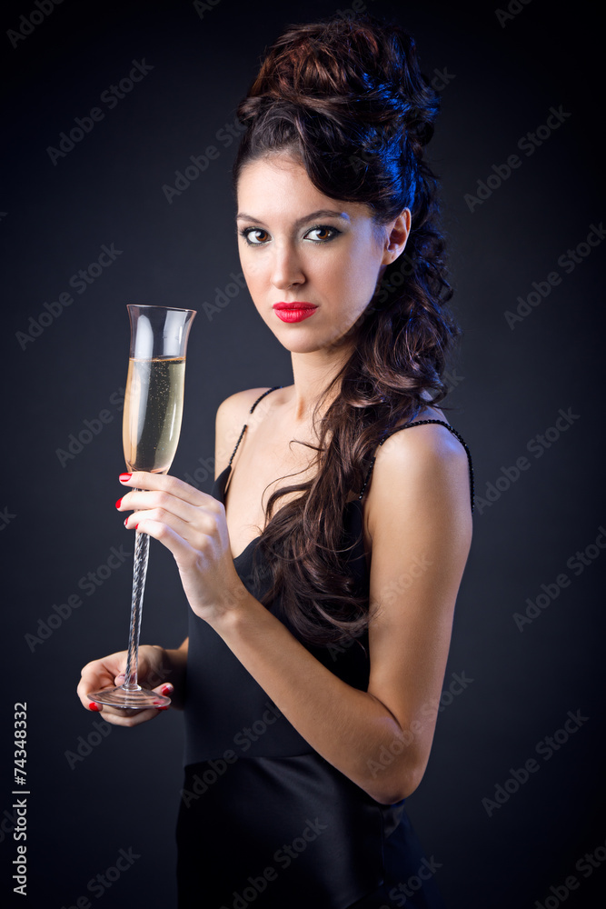 Portrait of beautiful girl in evening dress with wine glass. New Portrait of beautiful girl in evening dress with wine glass. New