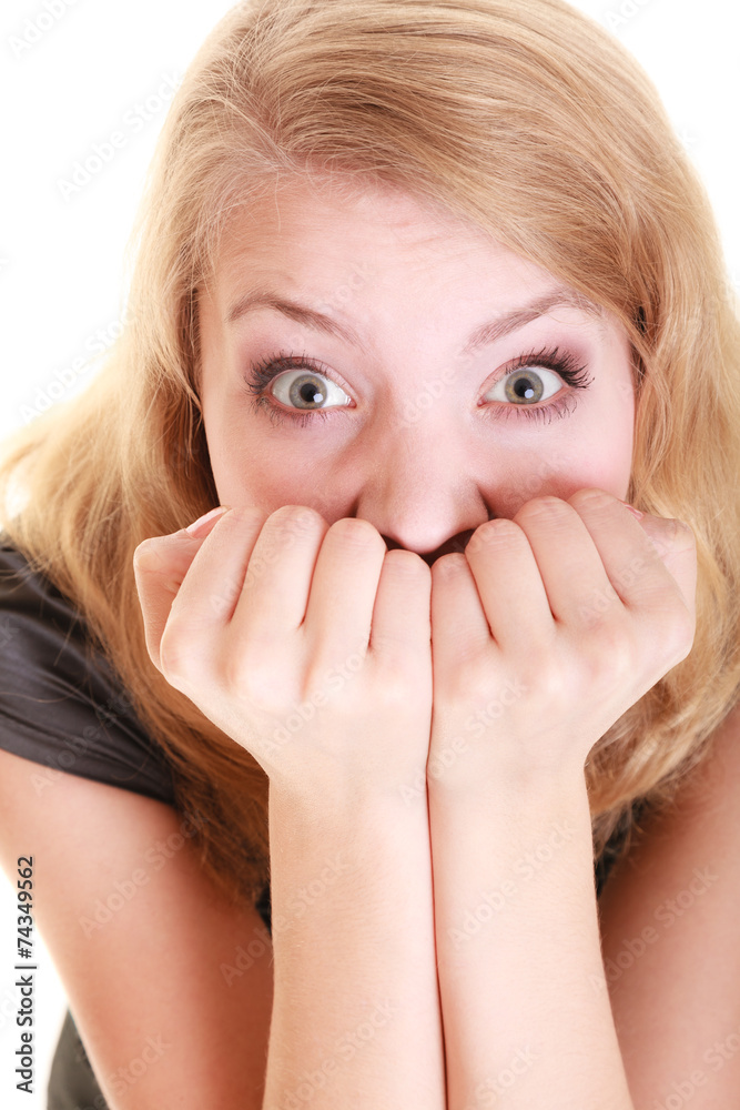 Afraid businesswoman frightened woman. Stress in work. Afraid businesswoman frightened woman. Stress in work.