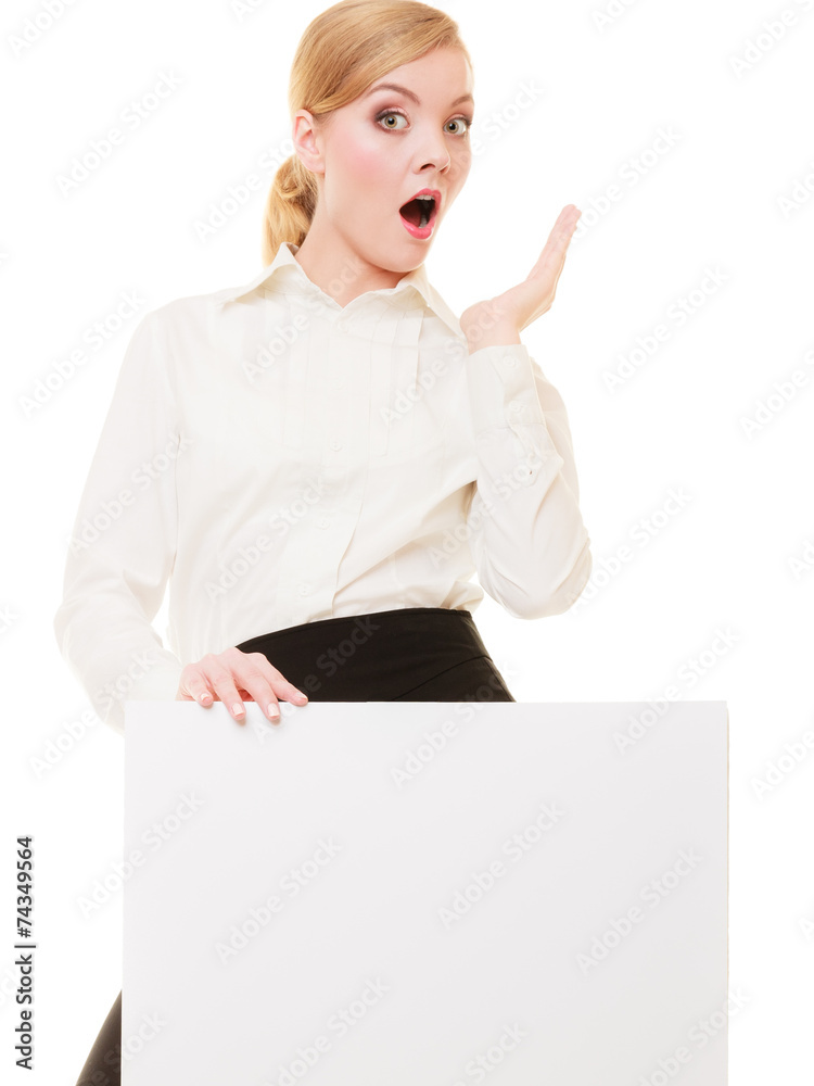 Ad. Businesswoman holding blank copy space banner Ad. Businesswoman holding blank copy space banner