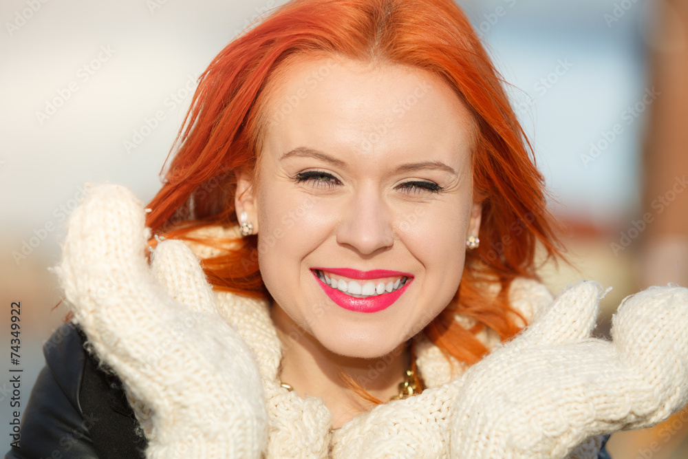 Beauty face red hair woman in warm clothing outdoor Beauty face red hair woman in warm clothing outdoor