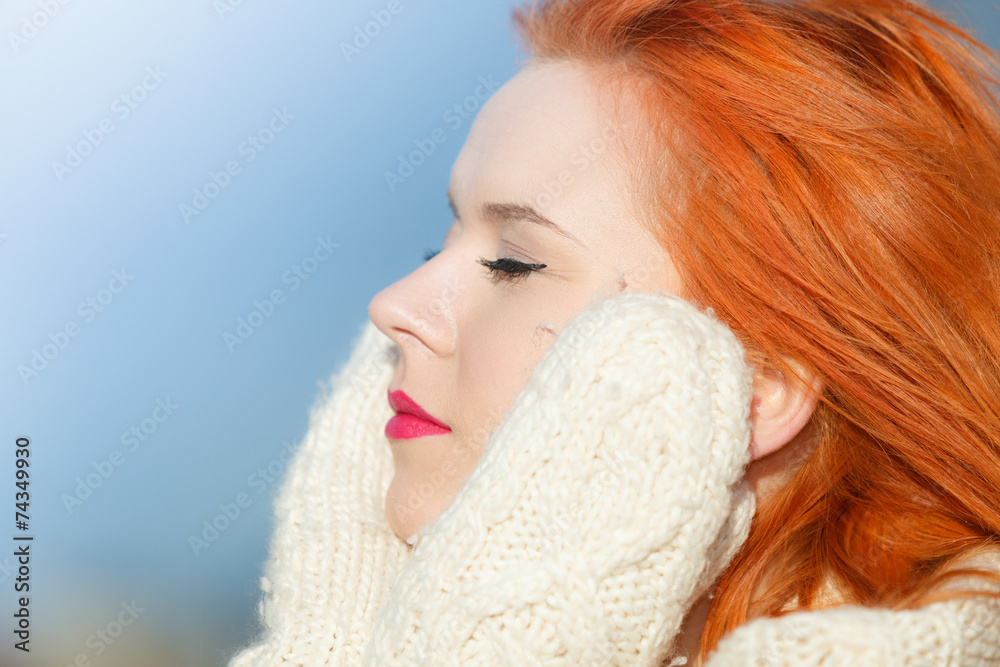Beauty face red hair woman in warm clothing outdoor Beauty face red hair woman in warm clothing outdoor