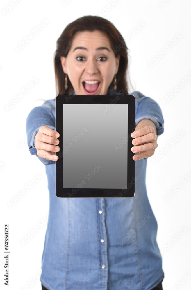 happy Hispanic woman showing digital tablet pad as copy space happy Hispanic woman showing digital tablet pad as copy space