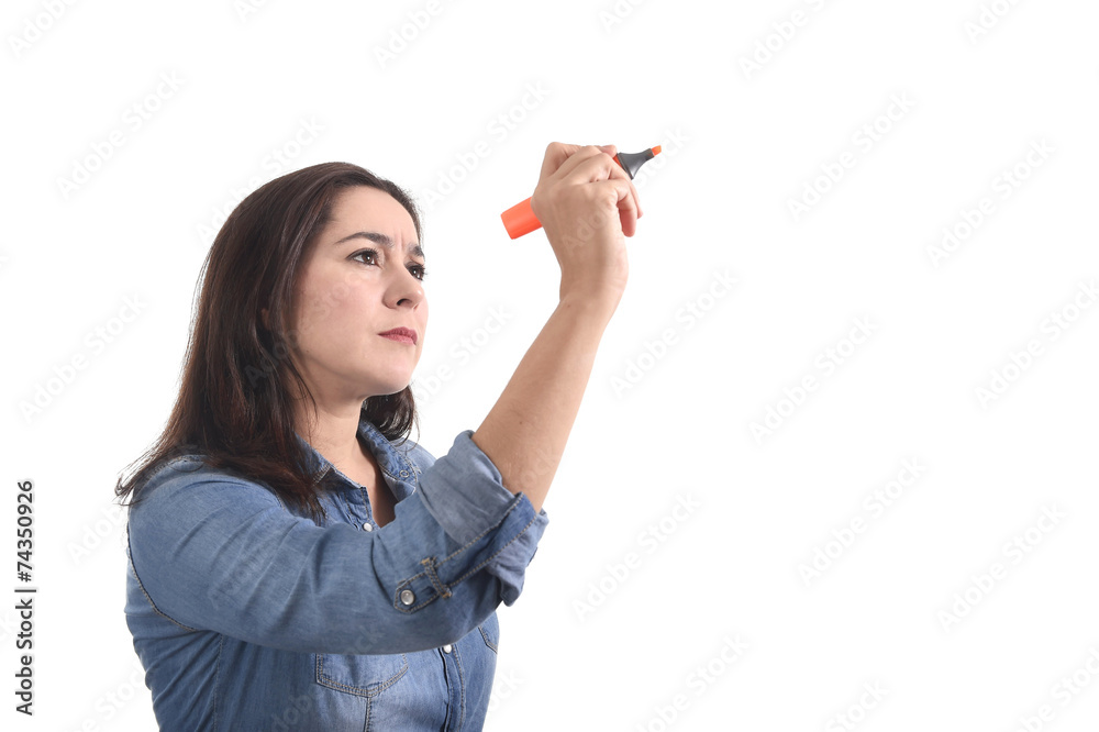 happy Latin woman writing with marker as copy space for text happy Latin woman writing with marker as copy space for text