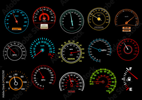 Car speedometers on black background photo