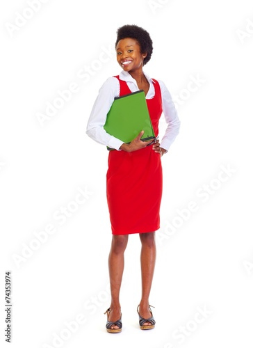 Young african student woman with folder.