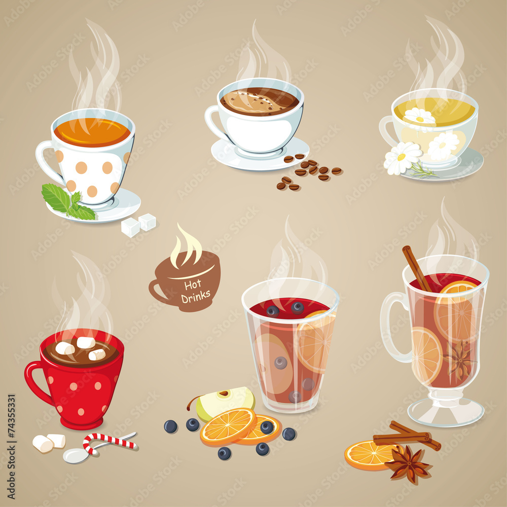 Hot drinks icons set Hot drinks icons set