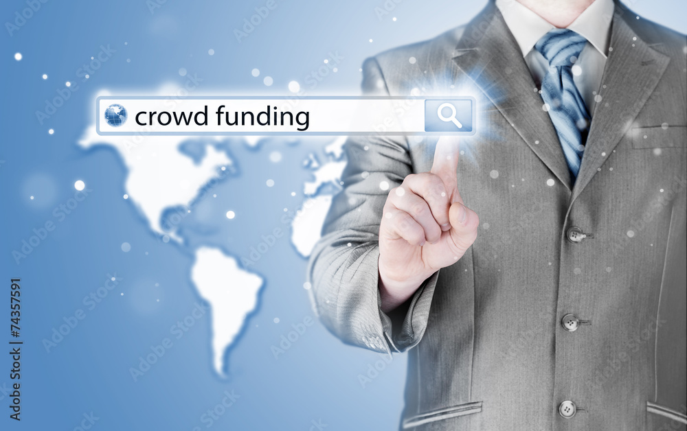 Businessman and crowd funding in search bar Businessman and crowd funding in search bar
