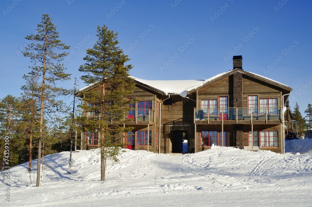 Cottage with tree and snow