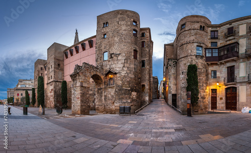 Photography Panorama of Ancient Roman Gate and Placa Nova in the Morning, Ba