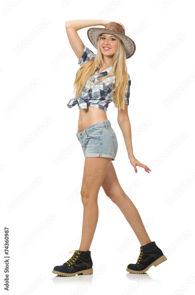 Woman wearing cowboy hat isolated on white Woman wearing cowboy hat isolated on white