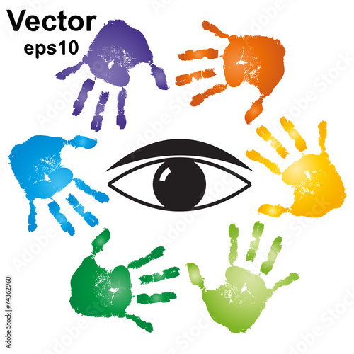 Conceptual human hand print with an eye symbol