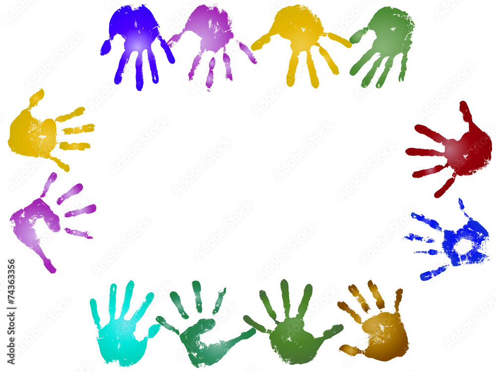 Conceptual children painted hand print frame isolated Conceptual children painted hand print frame isolated