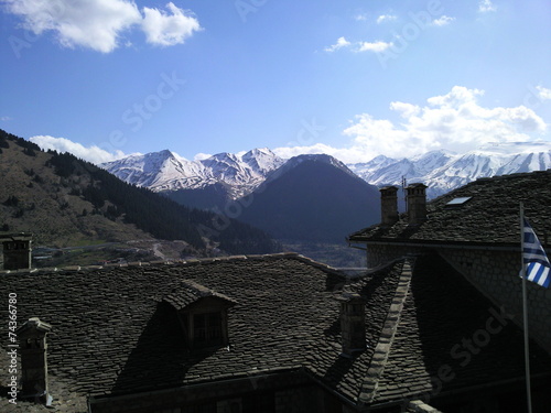 View of snowed mountaintops from Metsovo Epirus Greece