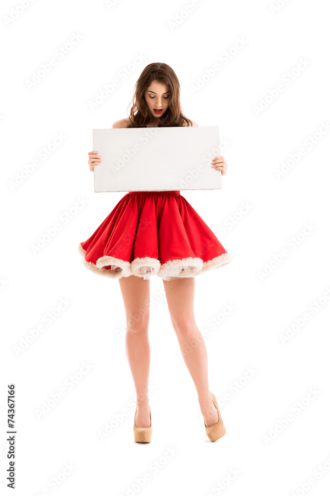 Christmas woman hold big white card Christmas woman hold big white card