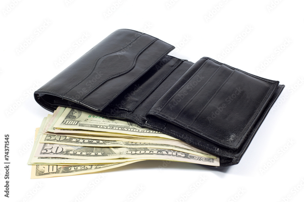 Black Leather Wallet Full of Money Isolated on White Background Black Leather Wallet Full of Money Isolated on White Background