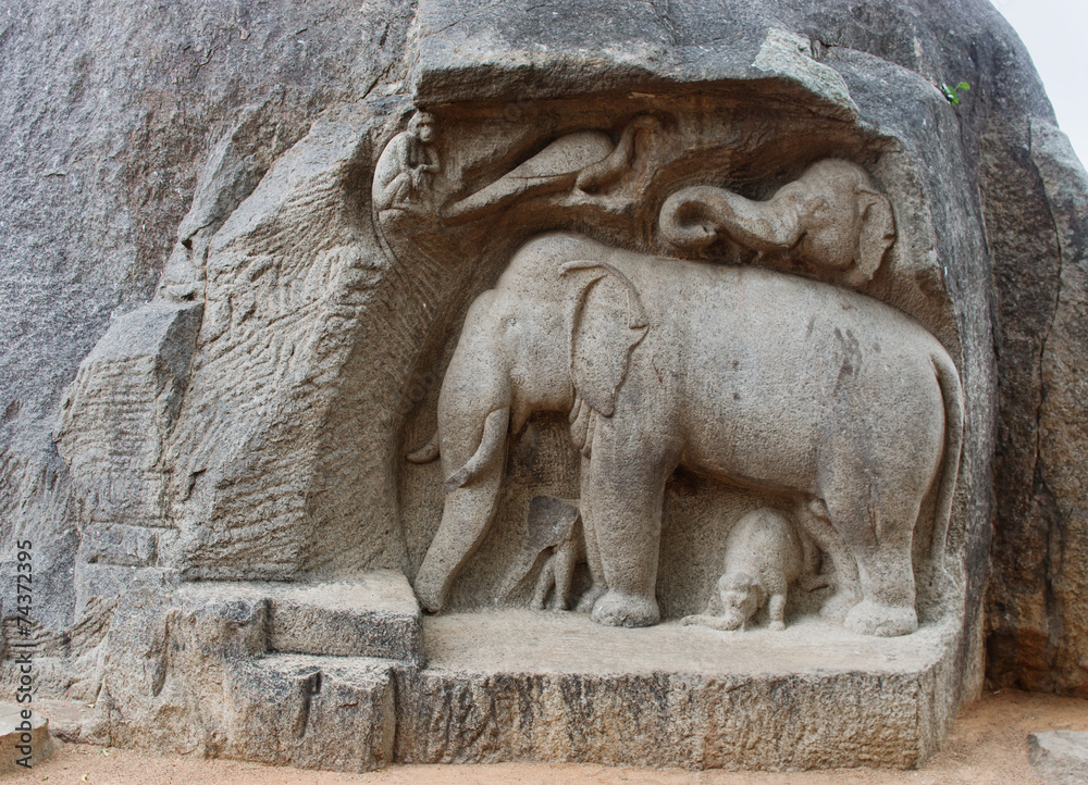 Ancient basreliefs and statues in Mamallapuram, Tamil Nadu, I Stock