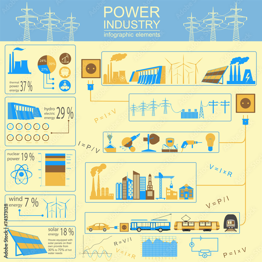 Power energy industry infographic, electric systems, set element Power energy industry infographic, electric systems, set element