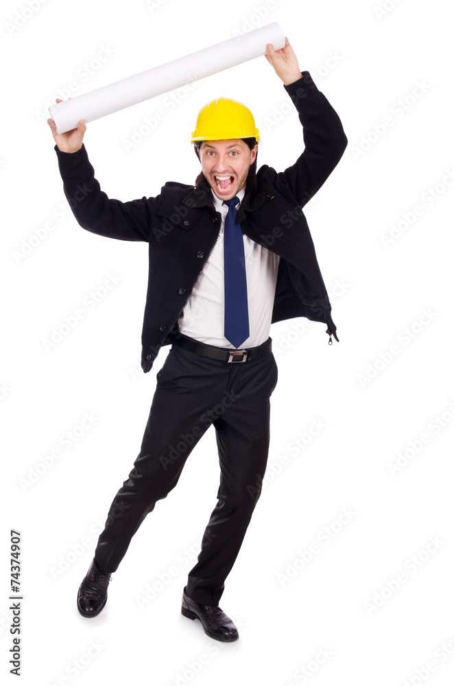 Young construction architect isolated on the white