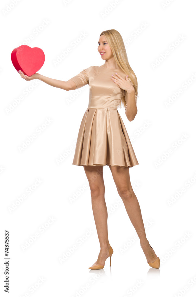 Happy woman holding giftbox isolated on the white