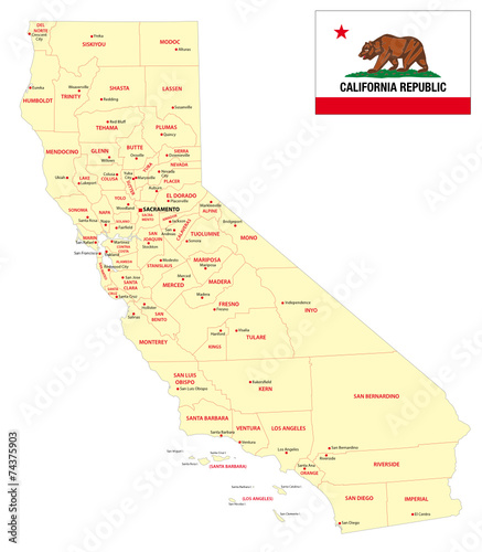 california administrative map with flag photo