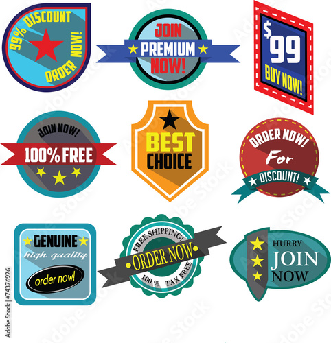 Order, Buy, Join Now logo badges and labels