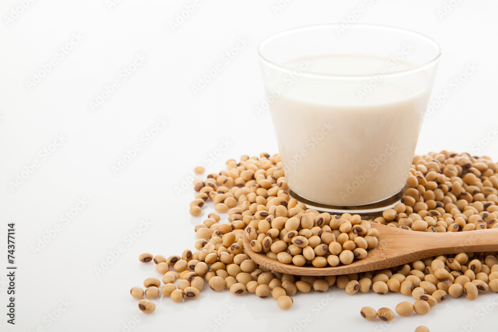 Soy milk in glass with soybeans and wooden spoon Soy milk in glass with soybeans and wooden spoon