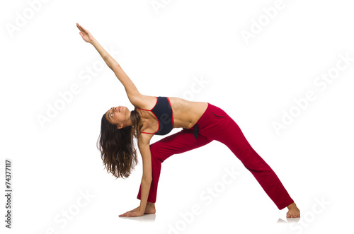 Young woman doing exercises on white