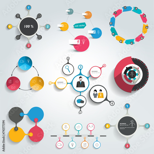Collection of colorful round info graphics diagrams.