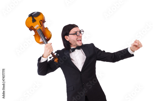 Funny man with music instrument on white